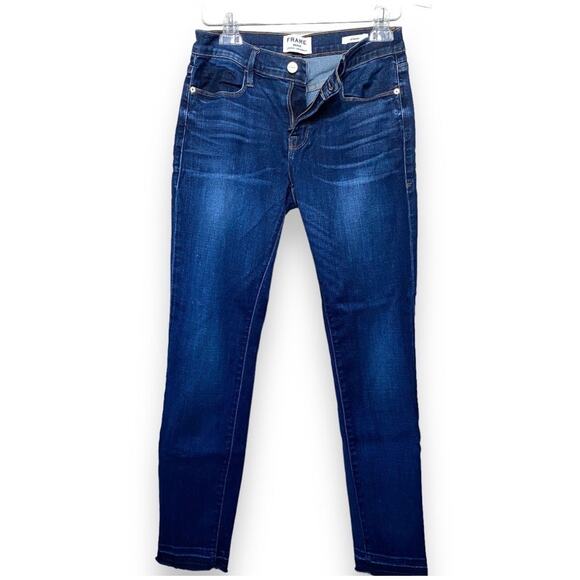 NWOT FRAME Le Garcon Straight Jeans Sz 24 Dark Wash Frayed Mid Rise - Picture 1 of 14